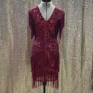 NWT Red Sequin Fringe Dress